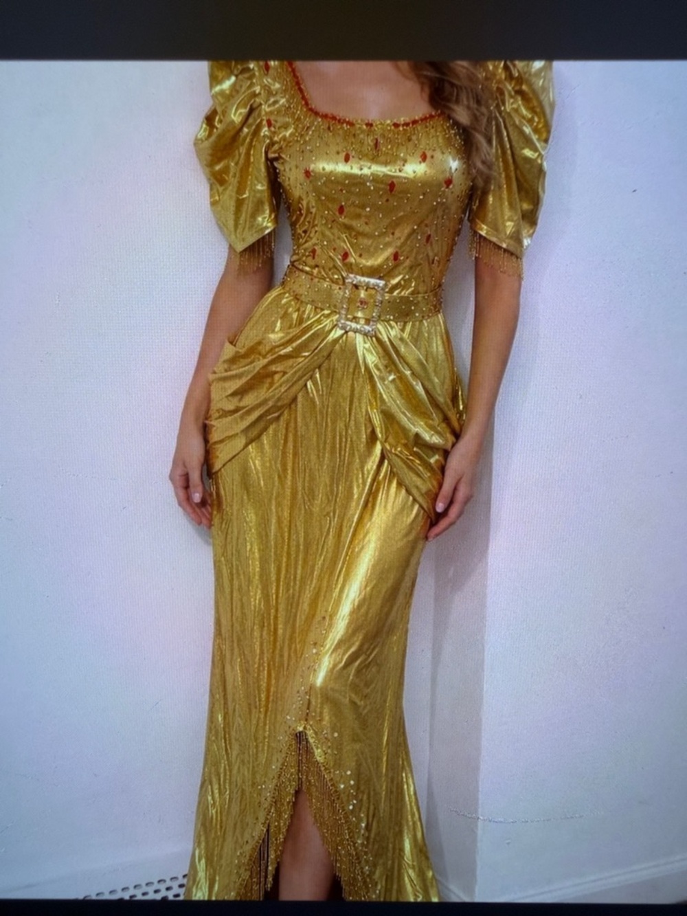 Gold Evening Gown Dress with Belt